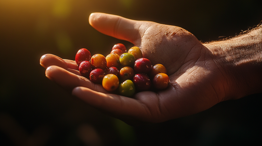 Rare coffee cherries — varied ripeness, a hand cupping a small pile